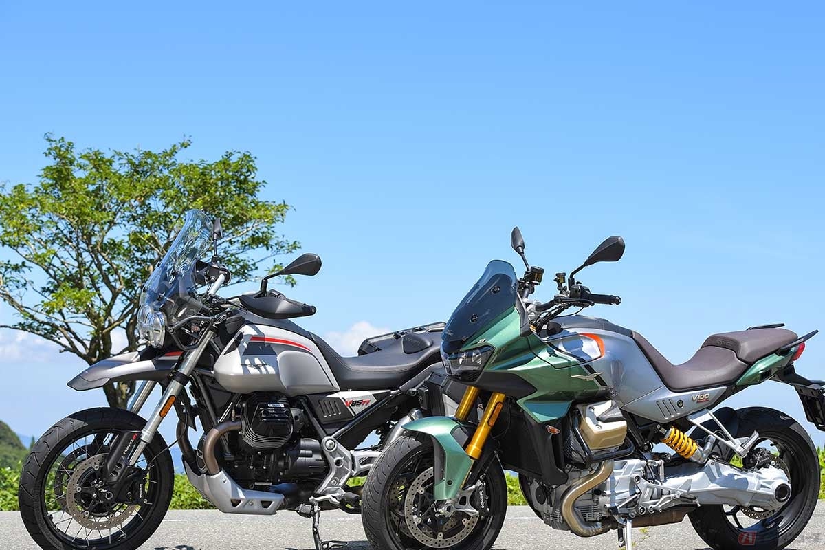 「V85 TT TRAVEL」(左)と、2023年に発売開始となったモトグッツィの全面新設計車「V100 Mandello S」(右)。旧来から発展してきた既存の空冷エンジン(最終?)進化形と、次世代のスタンダードとなるであろう新型水冷エンジン