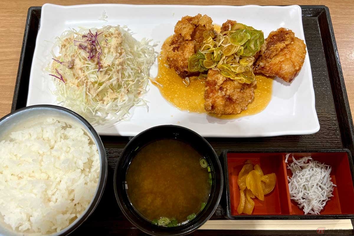 夜中に立ち寄った新東名「NEOPASA駿河湾沼津」(下り)でいただく「油淋鶏定食」(890円)。海鮮系メニューの中で異彩を放っていた