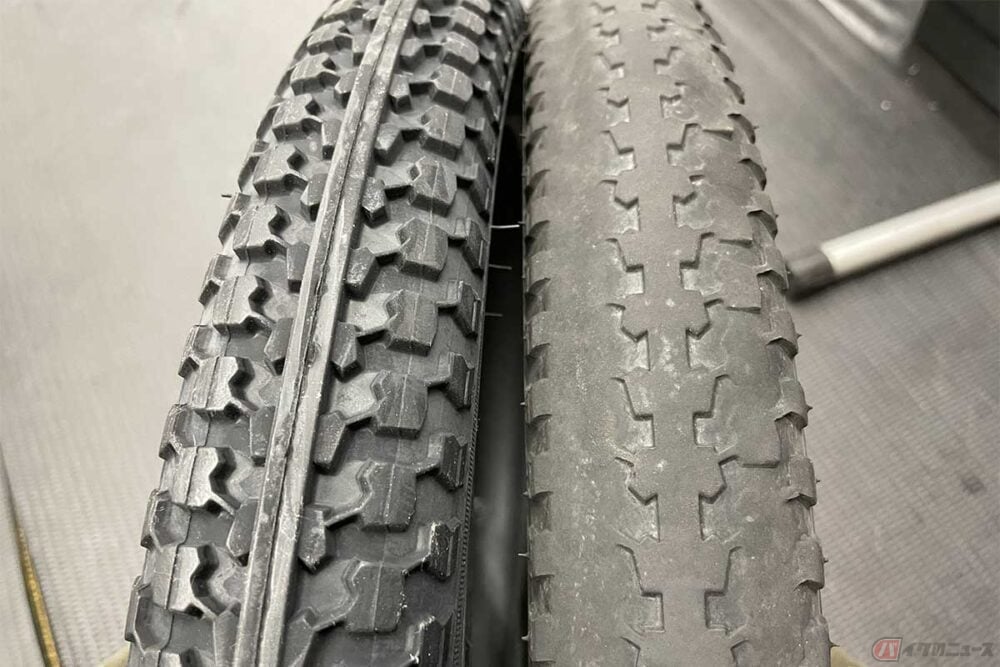 自転車の新品タイヤとすり減ったタイヤの比較