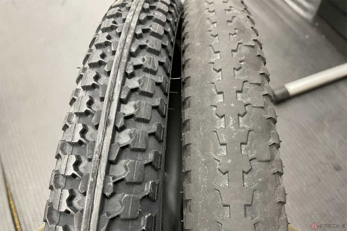 自転車の新品タイヤとすり減ったタイヤの比較