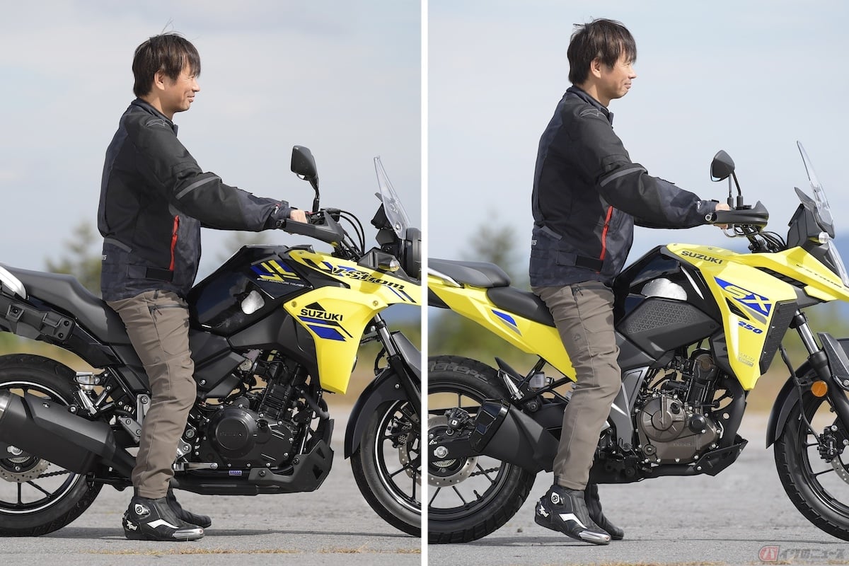 シート高は『Vストローム250』が800mm、『Vストローム250SX』は835mm、身長175cm/体重65kgの筆者がまたがると、写真の通り