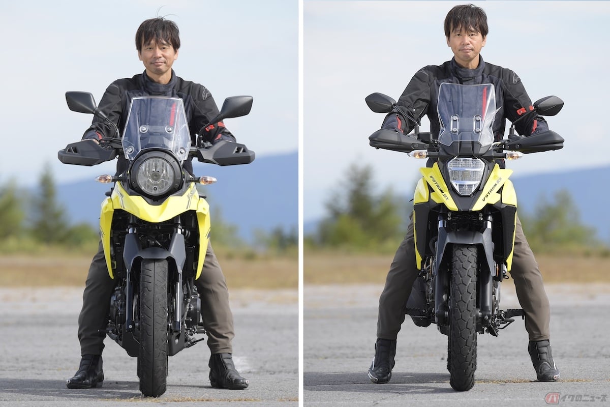 ハンドルが絞られ、コンパクトな乗車姿勢となる『Vストローム250』に対し、『Vストローム250SX』はワイドでグリップ位置の高いハンドルが採用