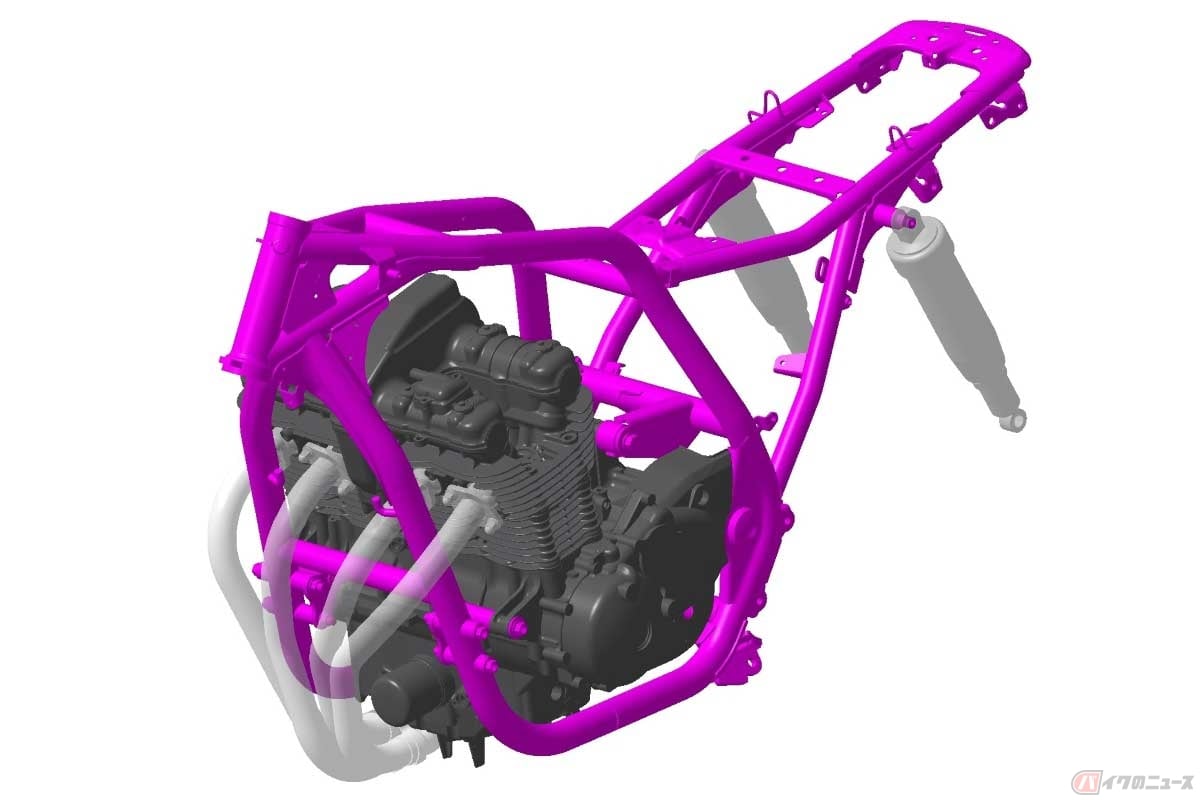 「ゆりかご」のような形状の「ダブルクレードル」フレーム。CG画像はホンダ「CB1100」のフレーム
