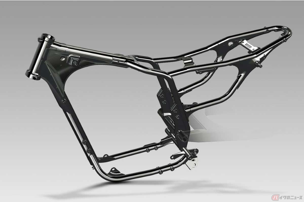 ダウンチューブが途中から2本になる「セミダブルクレードル」フレーム。写真はホンダ「GB350」のフレーム