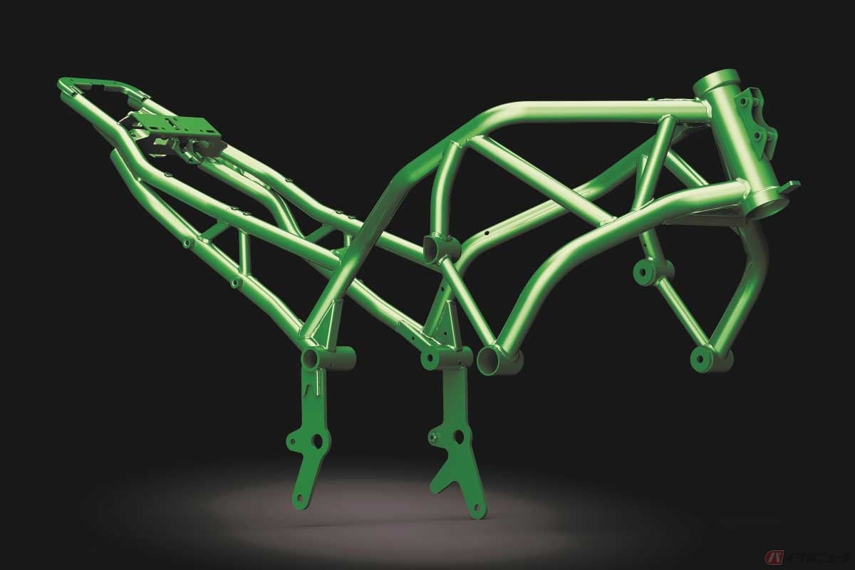 細い鋼管を格子(トレリス)のように組み合わせた「トレリス」フレーム。画像はカワサキ「Z H2」のフレーム