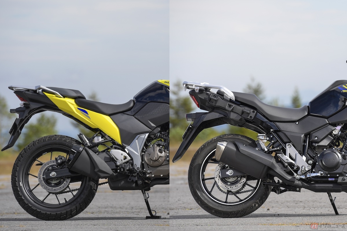 『Vストローム250』と比べると『Vストローム250SX』の車体後方が特にスリムであることがわかる（左：Vストローム250SX/右：Vストローム250）
