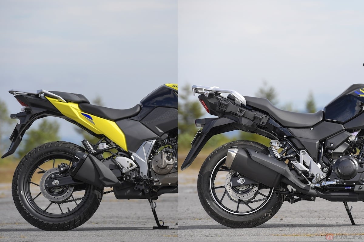 『Vストローム250』と比べると『Vストローム250SX』の車体後方が特にスリムであることがわかる(左:Vストローム250SX/右:Vストローム250)