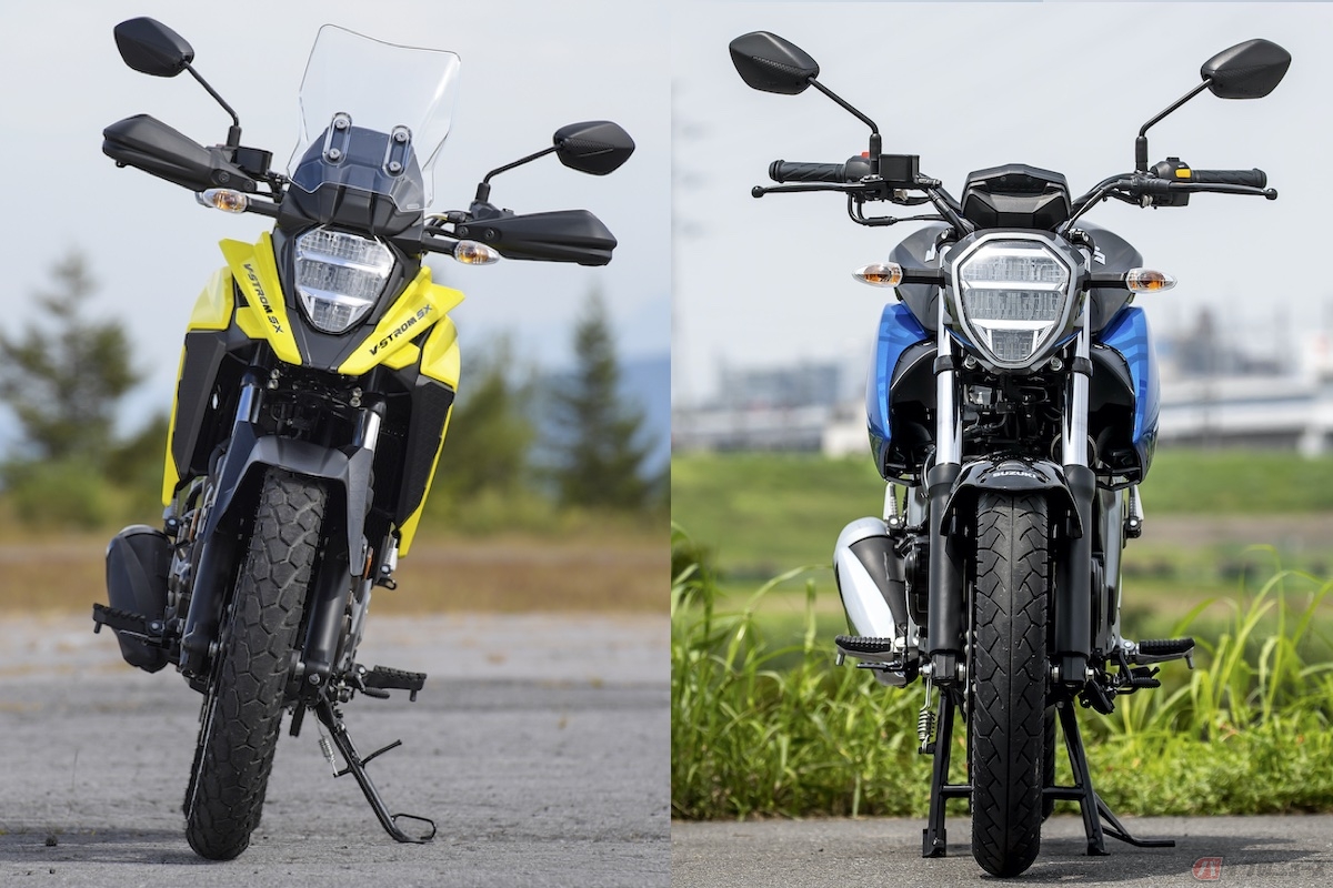 ヘッドライトやリアコンビランプ類は、ベース機種の『ジクサー250』と共通のユニットを用いている（左：Vストローム250SX/右：ジクサー250）