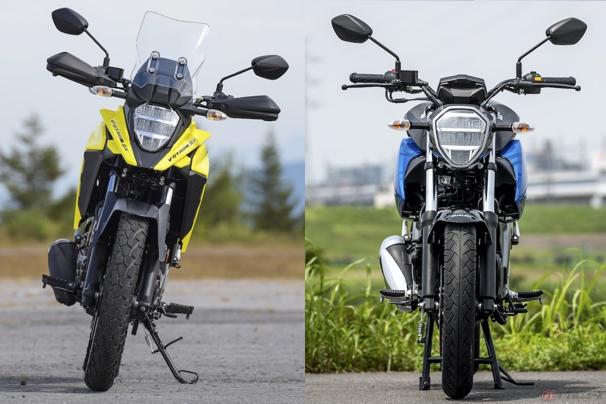 ヘッドライトやリアコンビランプ類は、ベース機種の『ジクサー250』と共通のユニットを用いている(左:Vストローム250SX/右:ジクサー250)