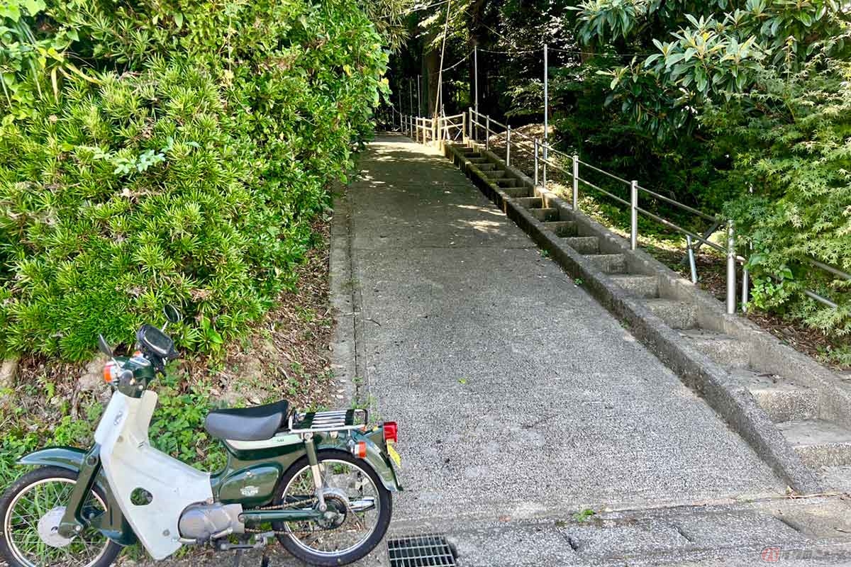 国道465号から「国府台城跡」(いすみ市)に建てられた「五柱神社」へ至る道。境内への入口は緩やかだが、西側崖下には夷隅川が流れており、やはり要害の地だったことが想像できる