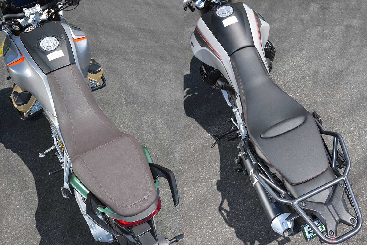 2モデルのシートは、この角度からだと同じような形状に見えるものの、着座位置の自由度が高いV85TTに対して、V100のシートは後方に固定される印象