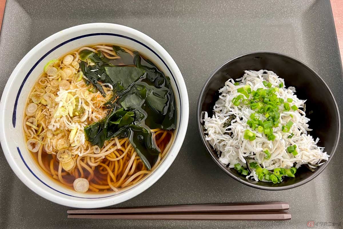 東名高速「海老名SA(EXPASA海老名)」(下り)でいただく「かけそば・うどん+ミニしらす丼セット」(900円)。シンプルで食べ慣れた「和の味」は朝の胃袋にも優しい
