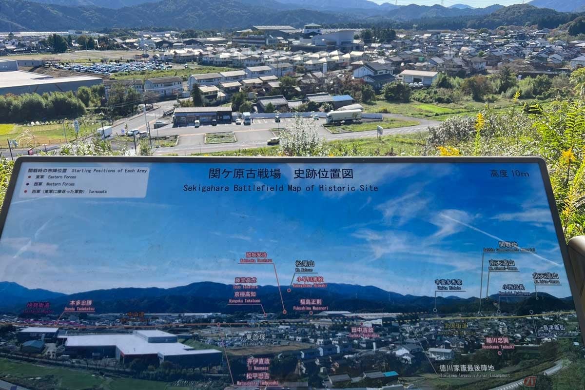 現地には分かりやすい「史跡位置図」が設置されたいた。正面に見えるのが小早川秀秋が布陣した松尾山。手前には東軍の先駆け攻撃を行なった井伊直政の陣がある