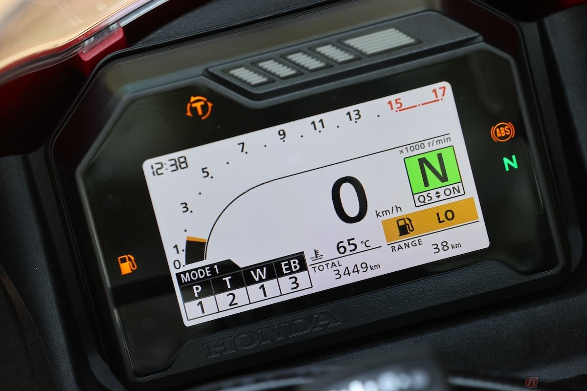 ガソリンメーターはなく、燃料消費量と警告灯のみ表示される