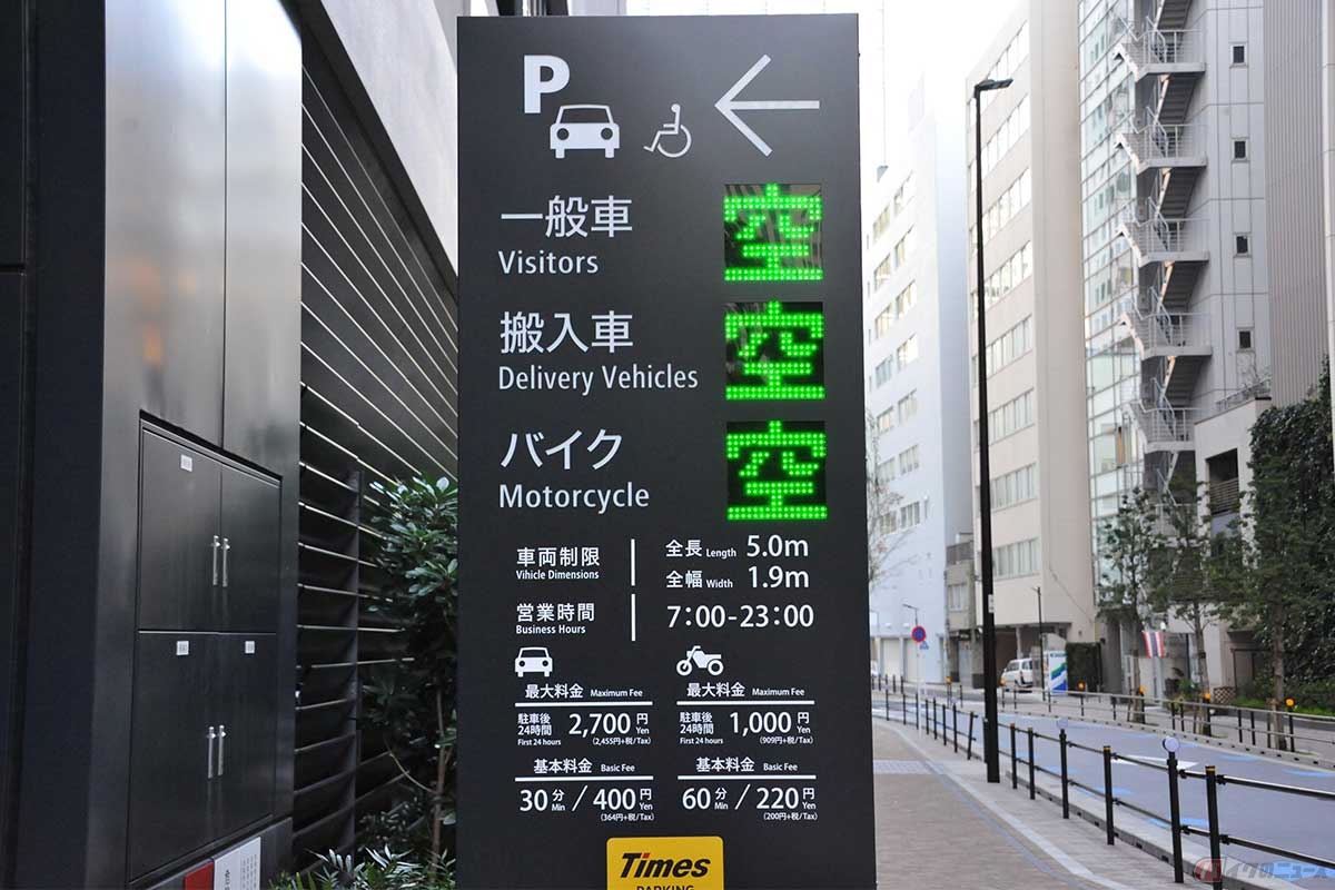 こんな完璧な案内看板があれば理想的。港区西新橋にあるこの駐車場はバイク駐車を受け入れるが、何度も断られると疑り深くなってしまう