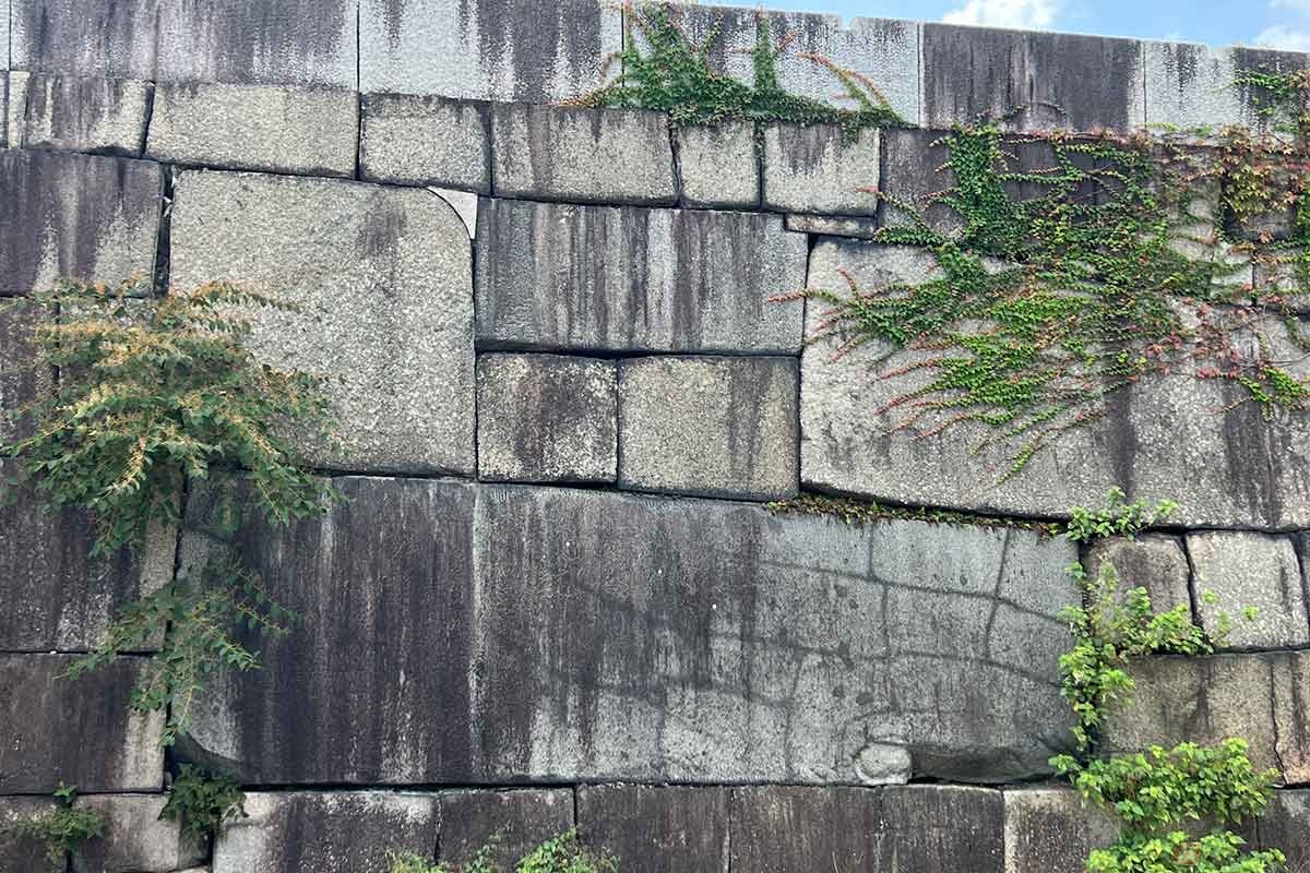 「極楽橋」を渡ると見えてくるのが「山里口門跡」。「切込接ぎ（きりこみはぎ）」と呼ばれる、石を直方体に加工してから積む手法の巨大な石垣が見事！　直角に曲がる「枡形虎口（ますがたこぐち）」を歩く
