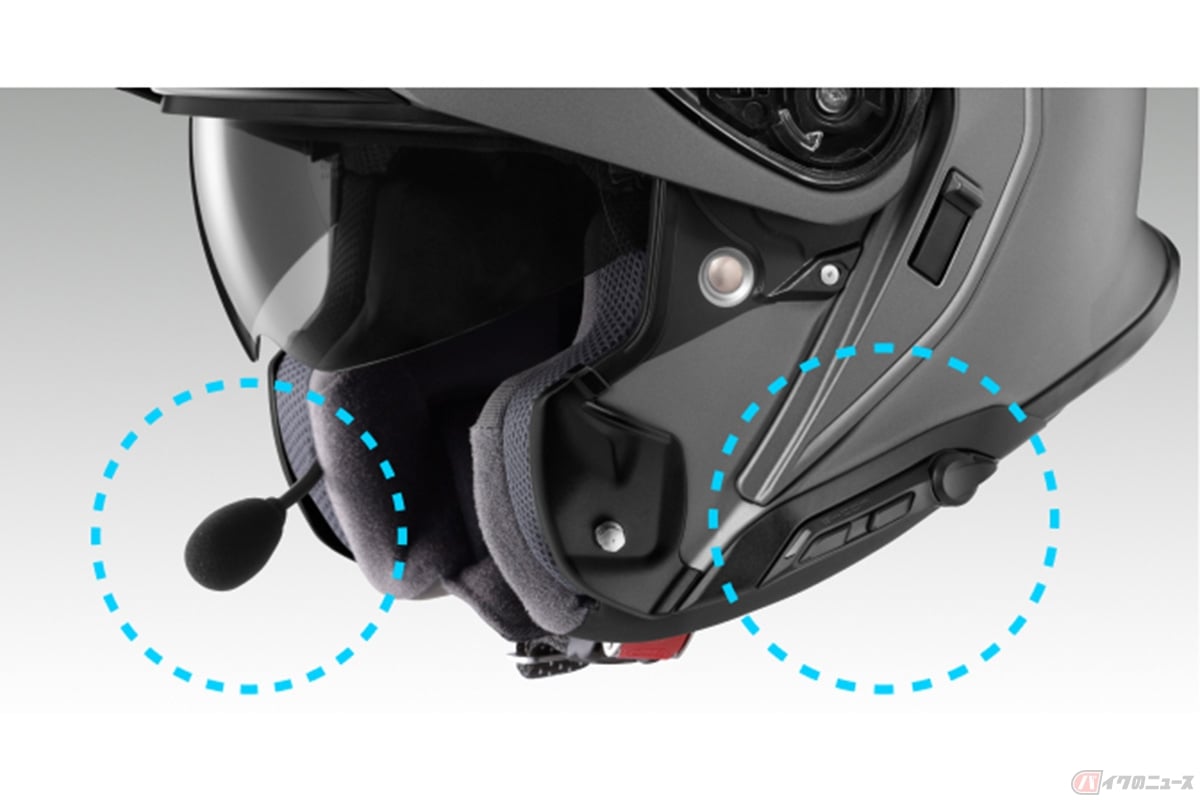 「B+COM」シリーズの最新モデル「B+COM SX1」。コミュニケーションシステム装着機構「SHOEI COMLINK」対応ヘルメットのビルトインタイプとして開発されています