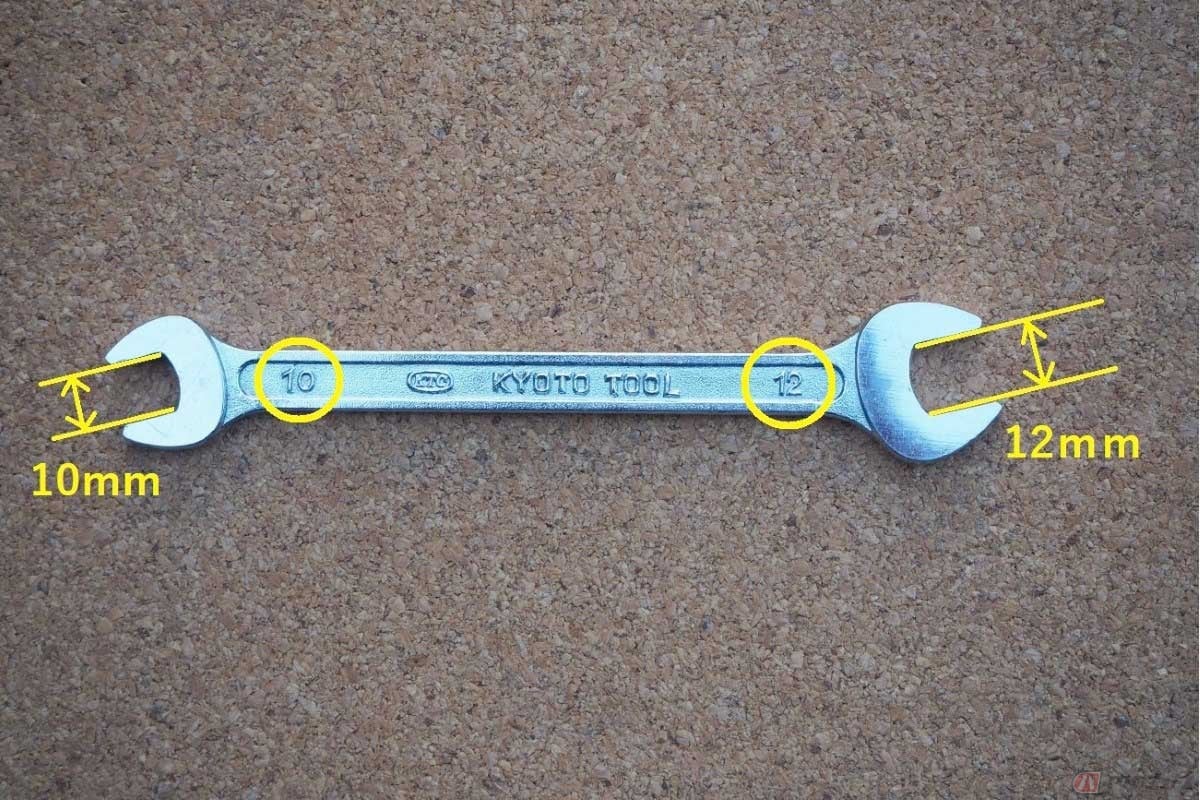 スパナに表記されるサイズの数字は、スパナの口の二面幅をmm(ミリ)で表している。写真のスパナは10mm-12mmコンビネーションレンチ