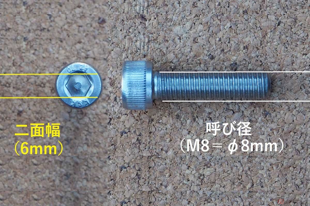 キャップスクリューも呼び径の太さで呼ぶ。写真は「8mmのキャップスクリュー」で、使用する工具は「6mmの六角棒レンチ」となる