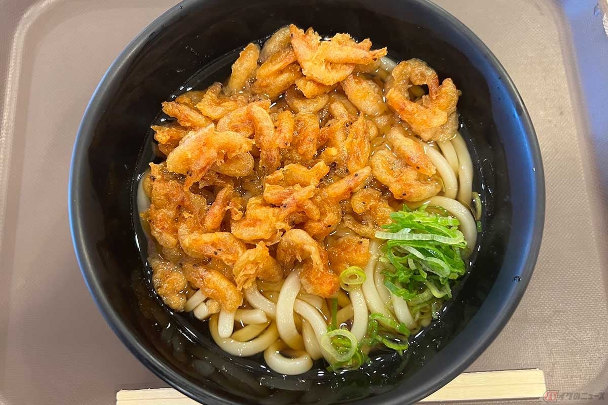 東名高速「EXPASA足柄」(下り)でいただいた「桜えび天うどん」(990円)は、駿河湾産の桜えびをふんだんに使った天ぷらがうどんを覆い尽くすほどのボリュームで満足