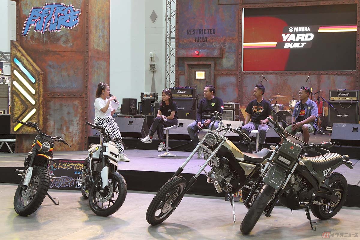 インドネシアのカスタムフェスト2023にて開催された“Yamaha Yard Built”。壇上ではそれぞれのビルダーたちのトークショーが展開され、製作過程の映像が流されました