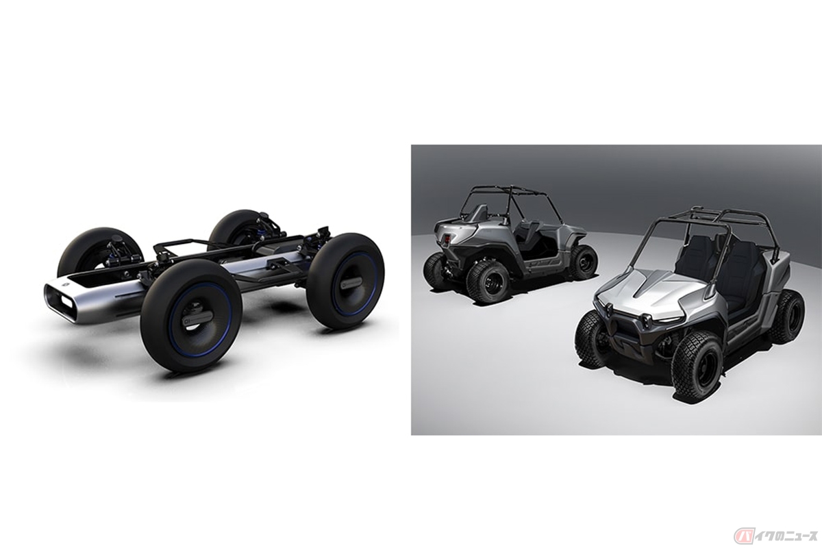 小型低速EV汎用プラットフォーム「YAMAHA MOTOR PLATFORM CONCEPT」(左)と、同プラットフォームを活用したプロトモデル「Concept 580」(右)