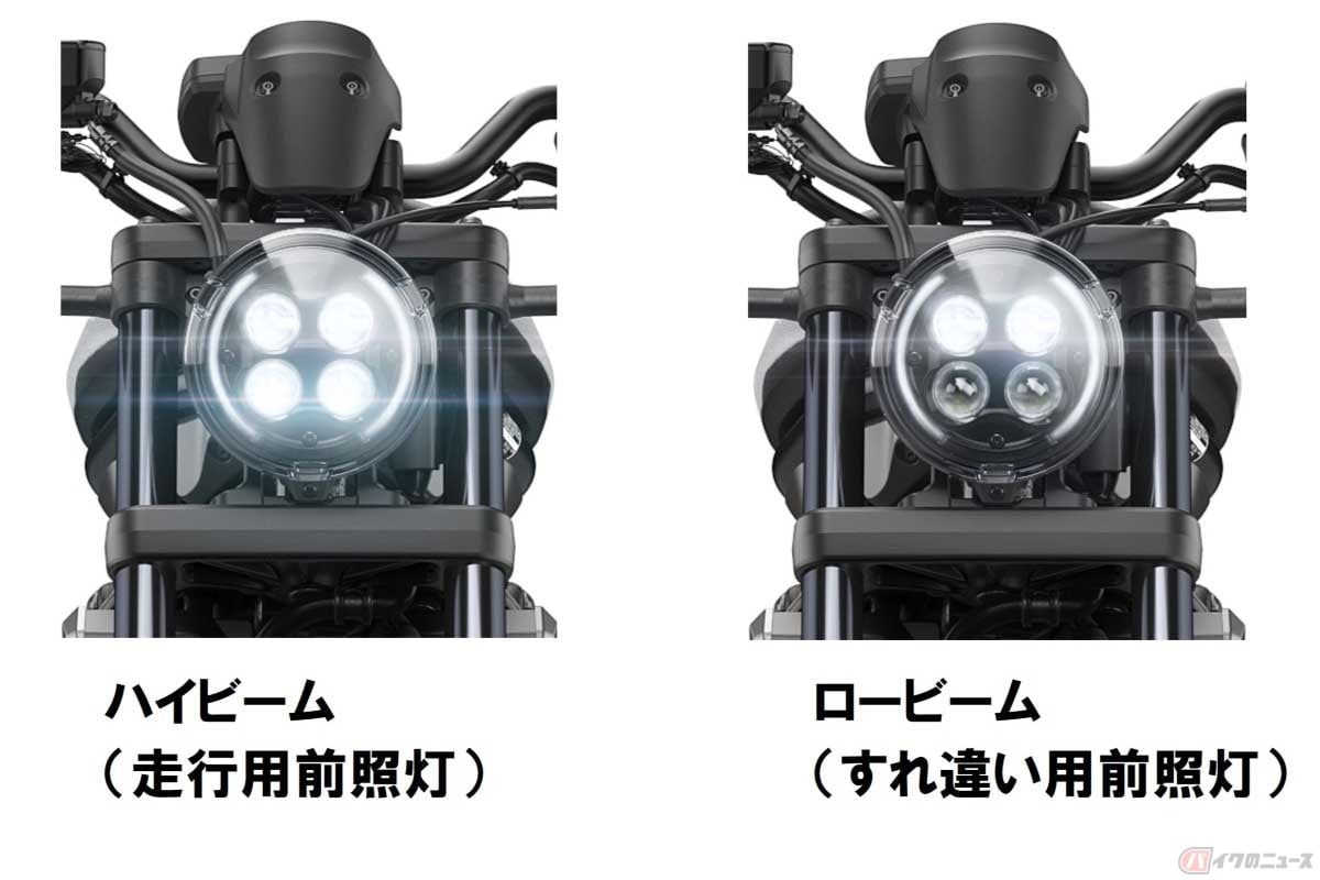 ホンダ「Rebel 1100」シリーズのヘッドライト。LEDの四灯式で、ハイビームはすべて点灯し、ロービームは上の二灯が常時点灯する