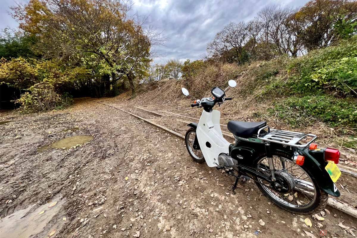 「安比奈線」の線路の果ては半分土に埋れていた。架線は取り除かれたが、これらの線路はそのまま放置されている