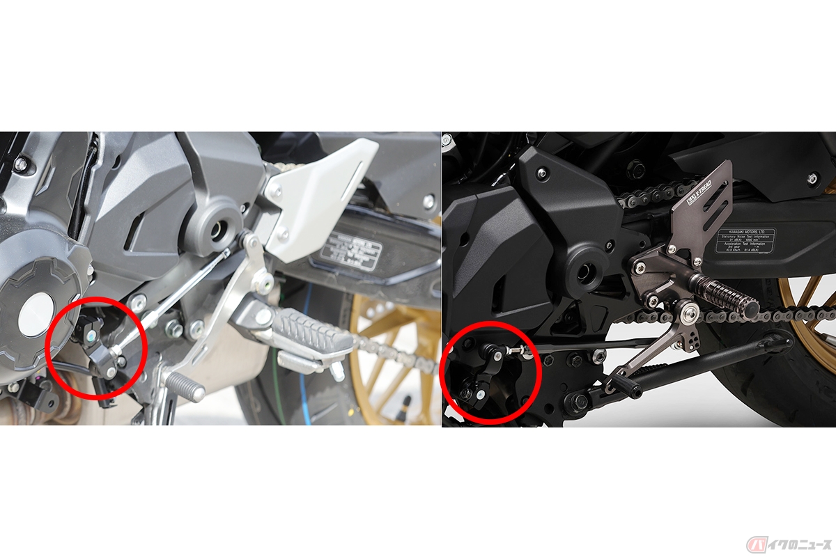 シフトロッド先のリンクを180度反転して取り付けることで逆シフト化可能ですが、チェンジペダルの位置がおかしくなるなどの支障がでる場合も。アフターパーツには逆シフト対応製品も多数、存在しています（カワサキ「Z650RS」左：正チェンジ／右：逆チェンジ）