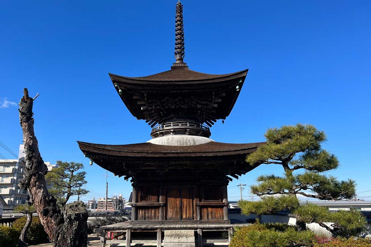 「大樹寺」の多宝塔(重要文化財)は松平清康(まつだいらきよやす)により1535年に建立された。一層は方形、二層は円形という上下層の構造や彫刻など、細やかな美しさを感じる