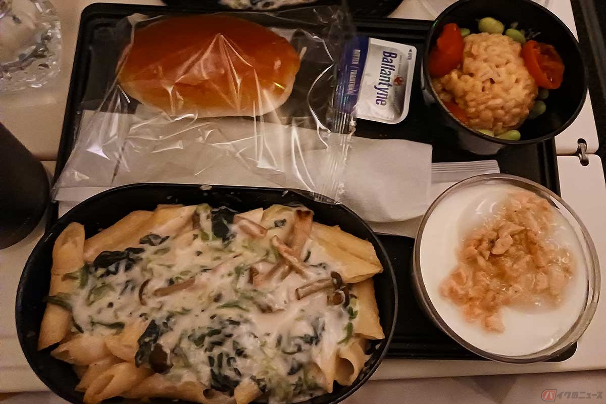 成田空港からアブダビ国際空港までのフライトで、1回目にサーブされた機内食。クリームソースのペンネが美味しかった。成田空港発のフライトだったからなのか、カトラリーのほかに箸もついていた