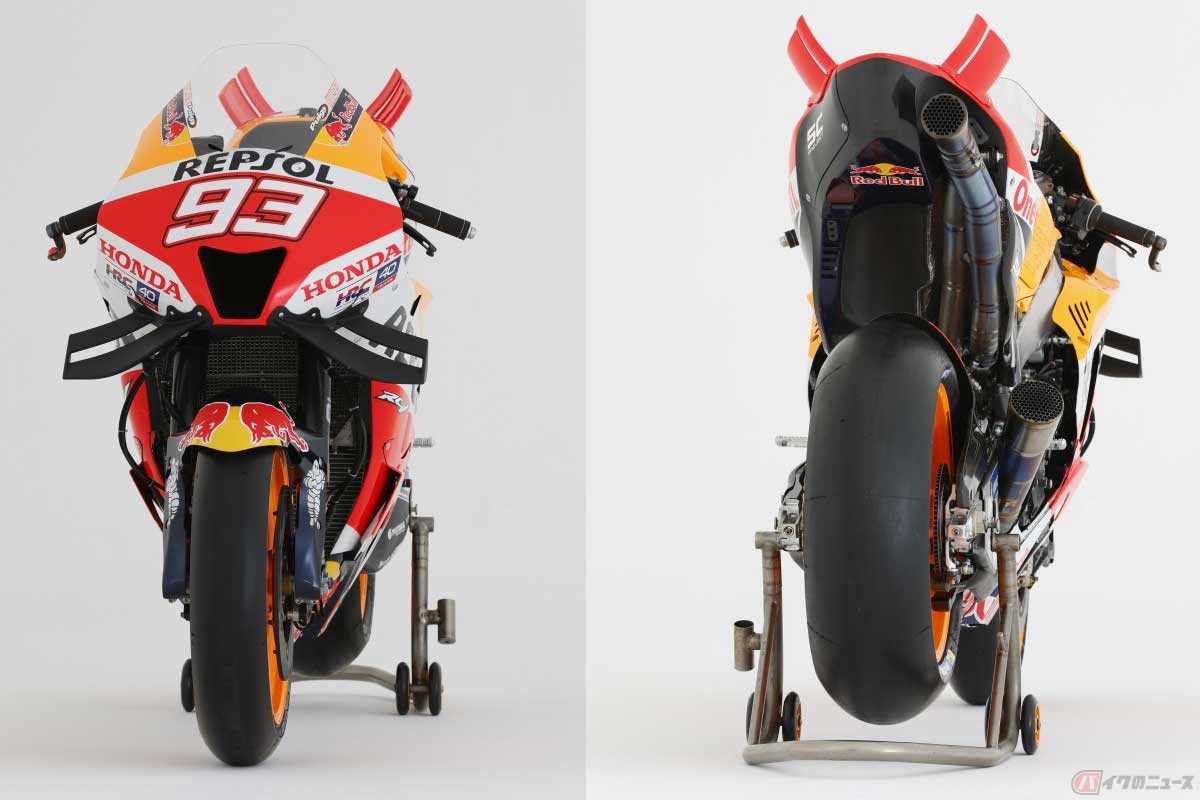 ホンダのMotoGPワークスマシン「RC213V」も、やはり前輪の方が細い