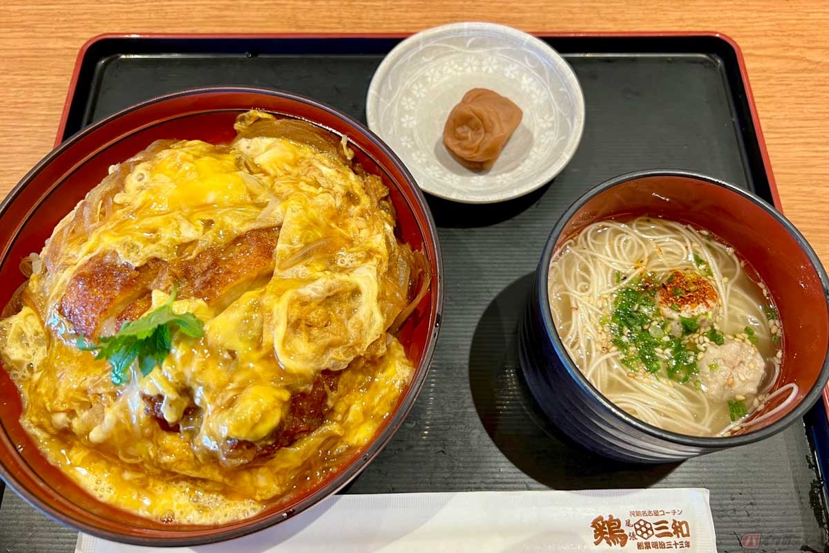 関越道「pasar三芳（三芳PA）」（上り）でいただく鶏カツ丼と鶏そばのセット。出来上がりの見た目も食欲をそそる。鶏むねカツはジューシーで食べやすく、梅干しが良いアクセントになっている