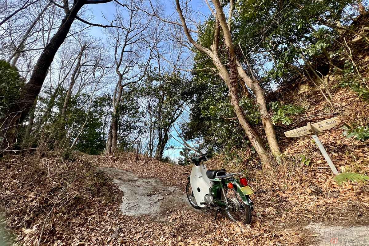 愛宕山の麓にある修善寺グラウンドを東側から回り込むと山頂（柏久保城跡）への入り口にたどり着く。舗装路が途切れるところにスーパーカブを停めて散策を開始