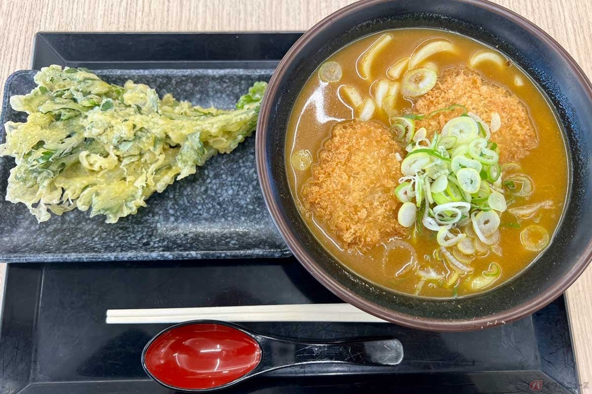 東関道「酒々井PA」(下り)でいただく「カツカレーうどん」(950円)は、とんかつが2つも入ってボリューム満点。「春菊天」(180円)をトッピングで追加