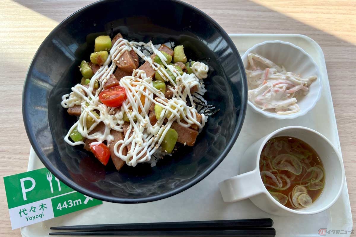 首都高「代々木PA」の期間限定メニュー「ごろっとスパム丼」(1000円)は、塩味の効いたスパムにマヨネーズとミニトマトとアボカドを組み合わせた、まるでサラダのような丼だが、ご飯との相性が抜群だった