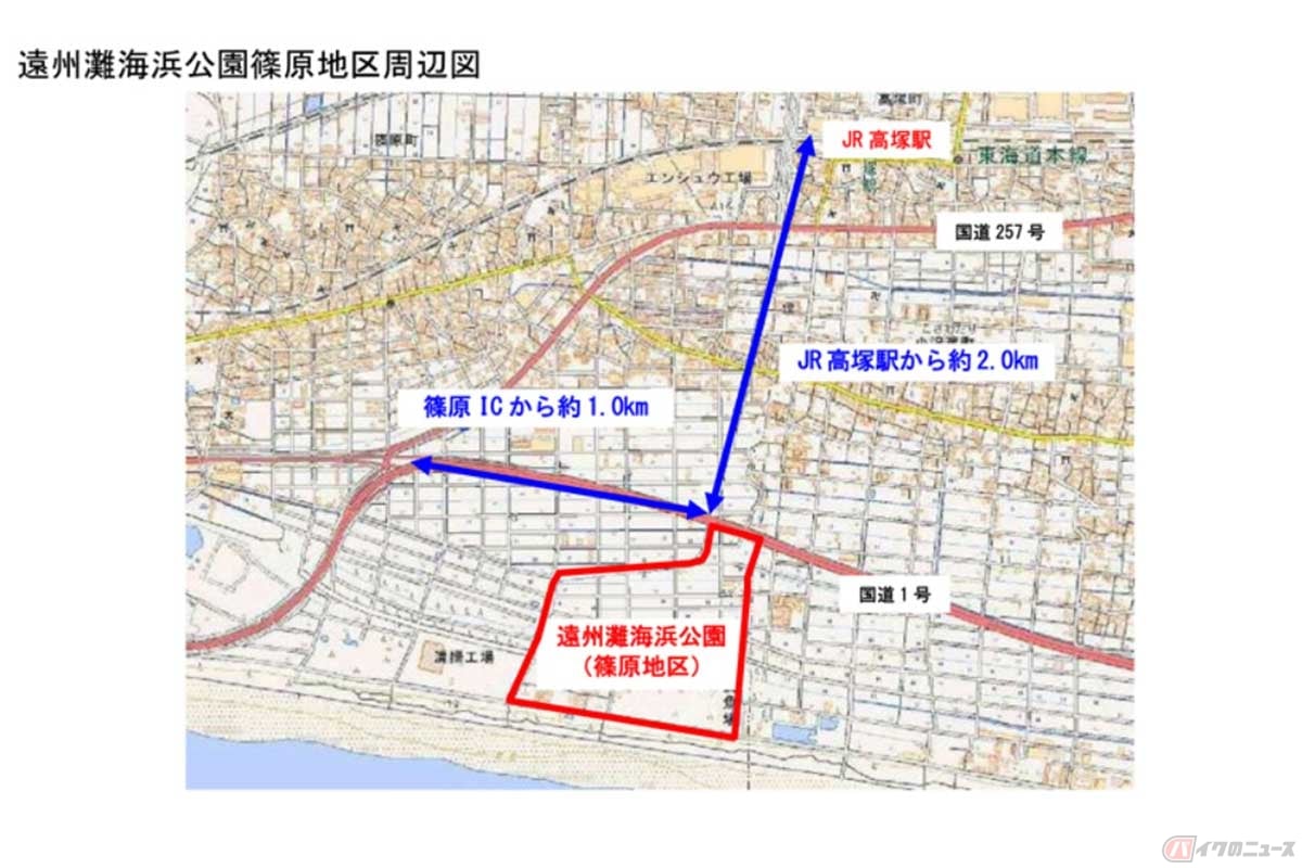 新しい道の駅は浜松市内の国道1号沿いに予定されている。場所は未定だが、遠州灘海浜公園から半径2km以内を予定する