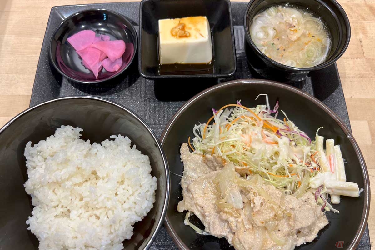首都高「市川PA」の「生姜焼き定食」(1000円)は見た目が白く、甘辛醤油だれではなく塩味を効かせている。上品な味わいで、これはこれでご飯がススム!