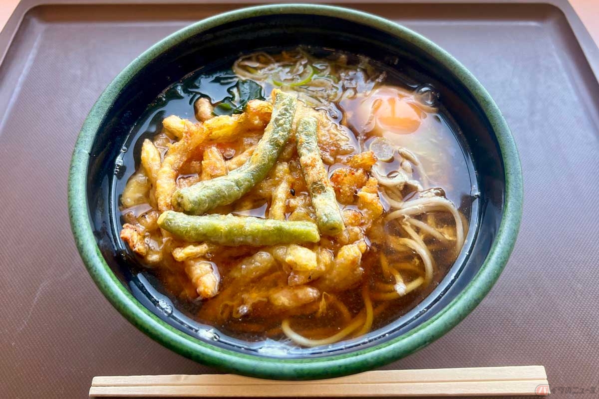 東名高速「中井PA」(下り)で食した「かき揚げ玉子そば」(790円)は、インゲンの主張が顕著なかき揚げがつゆに浸っていた。これがコリコリ食感で意外にもアクセントとなっていた