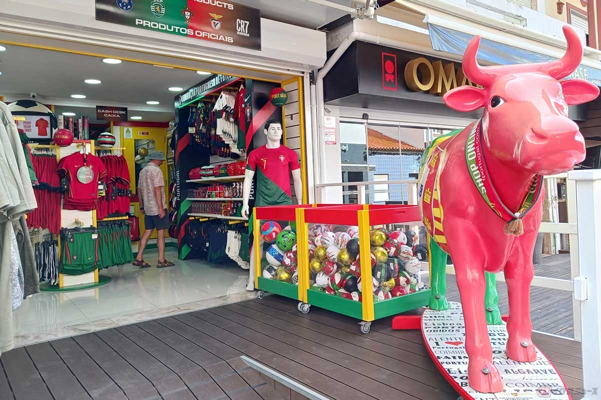 アルヴォルの繁華街にあった、おそらくサッカーのグッズショップ。なぜか牛がサーフボードに乗っている