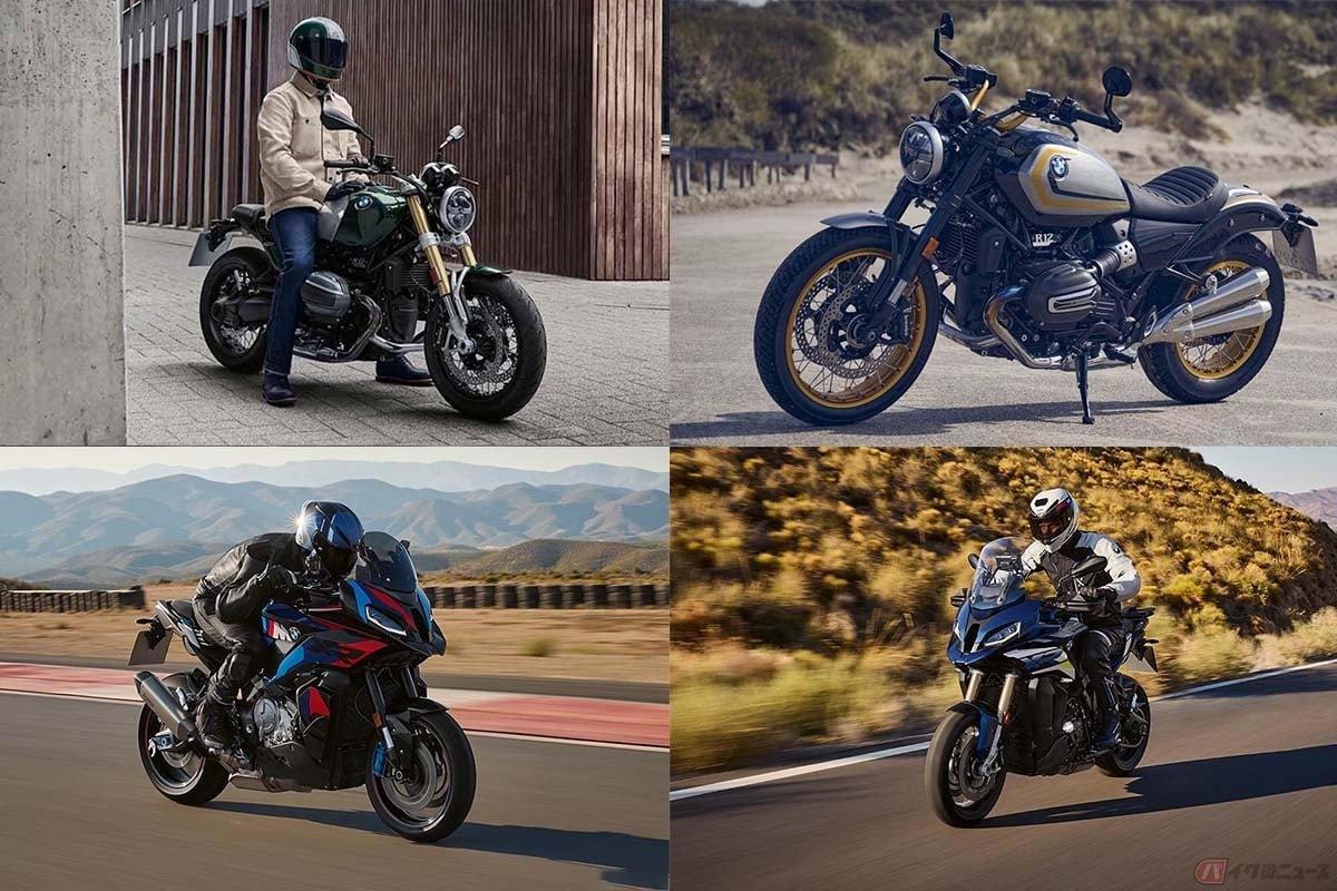 BMW Motorradの大阪・東京モーターサイクルブースに展示予定の車両。左上から時計回りにR12nineT、R12、S1000XR、M1000XR(東京のみ)