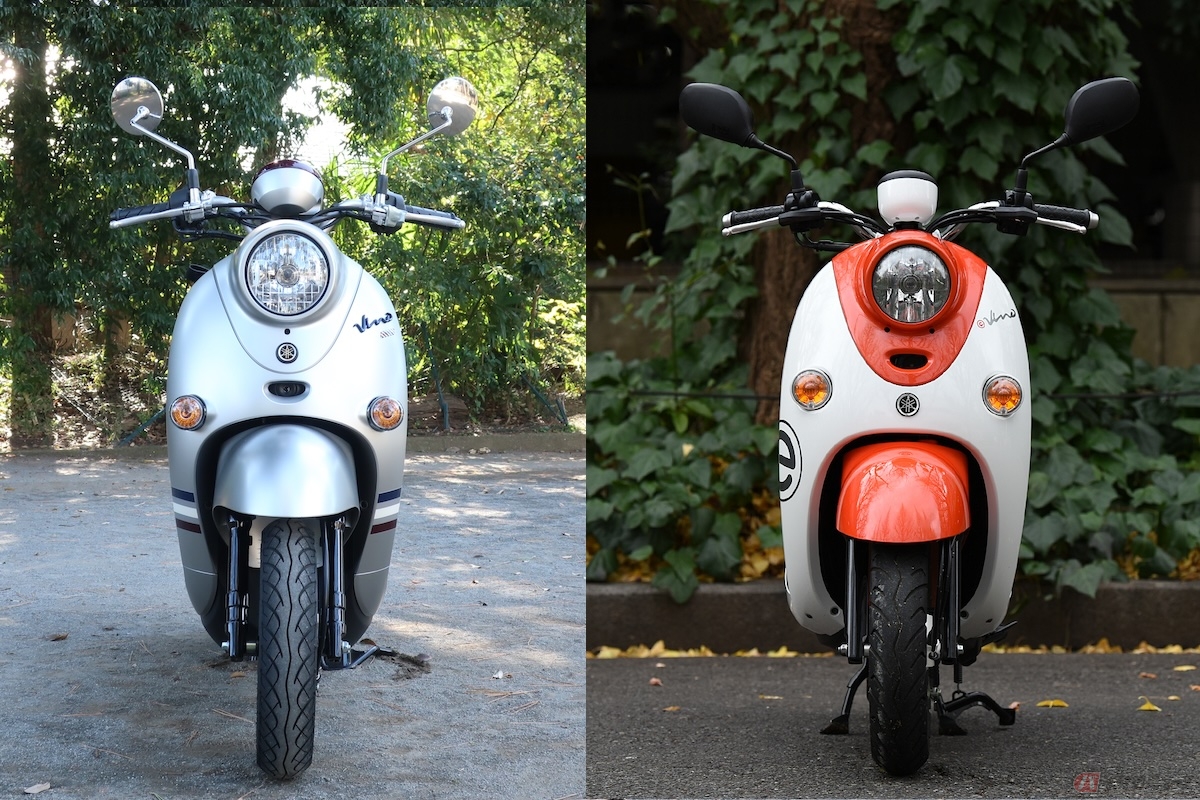 左：ヤマハの原付一種スクーター「Vino」の定地燃費値とタンク容量から算出した航続距離は360km 右：ヤマハの原付一種電動スクーター「E-Vino」の定地テスト時の航続距離は32km
