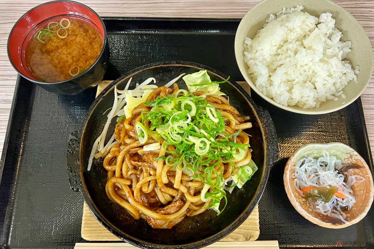 名阪国道「伊賀サービスエリア」の「みそ焼きうどん定食」(1000円)には最初からうどんの上に刻みネギが盛られていたが、セルフコーナーにも置かれていたので、さらに盛っていただくことにした。ソースは甘辛く、味噌カツの味噌ダレのような味だった