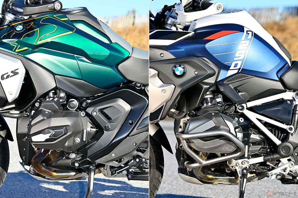 外観からは判別しづらいものの、「R 1300 GS」(左)のパワーユニットはミッションの配置を見直すことで、前後長を大幅に短縮。そのおかげで、スイングアームの延長が可能となった