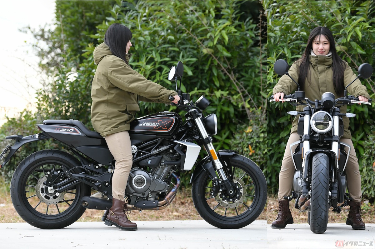 X350のシート高は777mm、身長158cmの私が跨ると両足の踵が地面から少し浮く程度