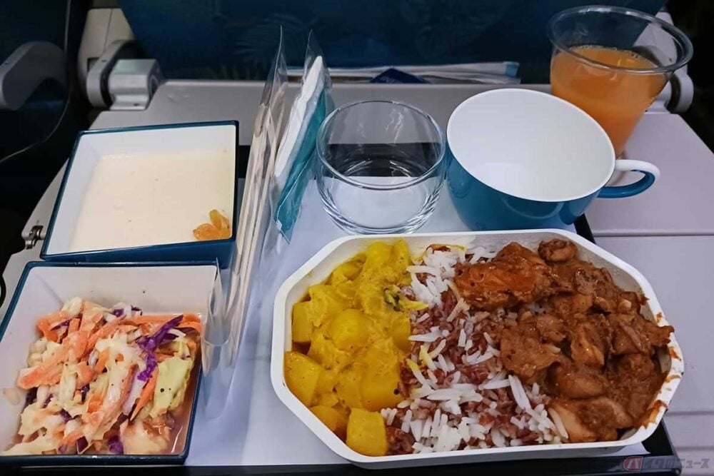 スリランカからカタールまでのフライトでサーブされた機内食。離陸直後からカレーだとわかるほど、機内がカレーの匂いだった。とてもおいしかったので、カレーの新たなトビラが開いた気がする