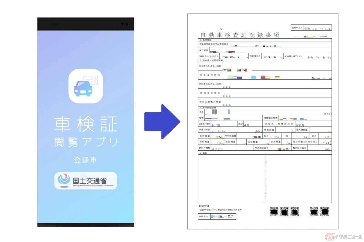 電子化された自動車検査証は、専用アプリで「自動車検査証記録事項」を読み込み・保存できる