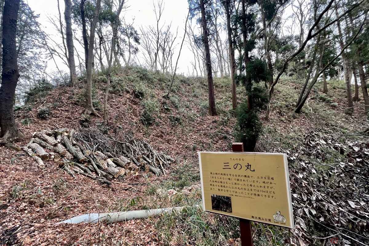 「天野坂（あまのざか）」と呼ばれる道を進んでいくと、「曲輪（くるわ＝平場）」と「三の丸」の間に「枡形虎口（ますがたこぐち）」と呼ばれる出入り口が設けられている。「三の丸」自体も三方を深い空堀で囲まれていて、堅牢な守りであったことが想像される