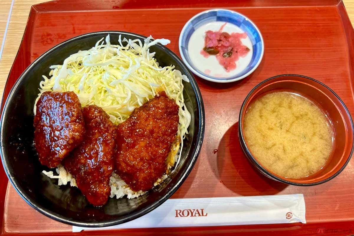 圏央道「厚木PA」(内回り)の「たれかつ丼」(1030円)は、見た目からして味の濃さが想像できるもの。たっぷりと盛られたキャベツの千切りのおかげで、口の中で中和される