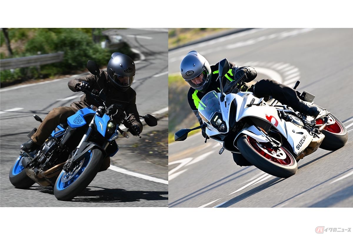 スズキ「GSX-8S」(左)と「GSX-8R」(右)に試乗する筆者(松井勉)